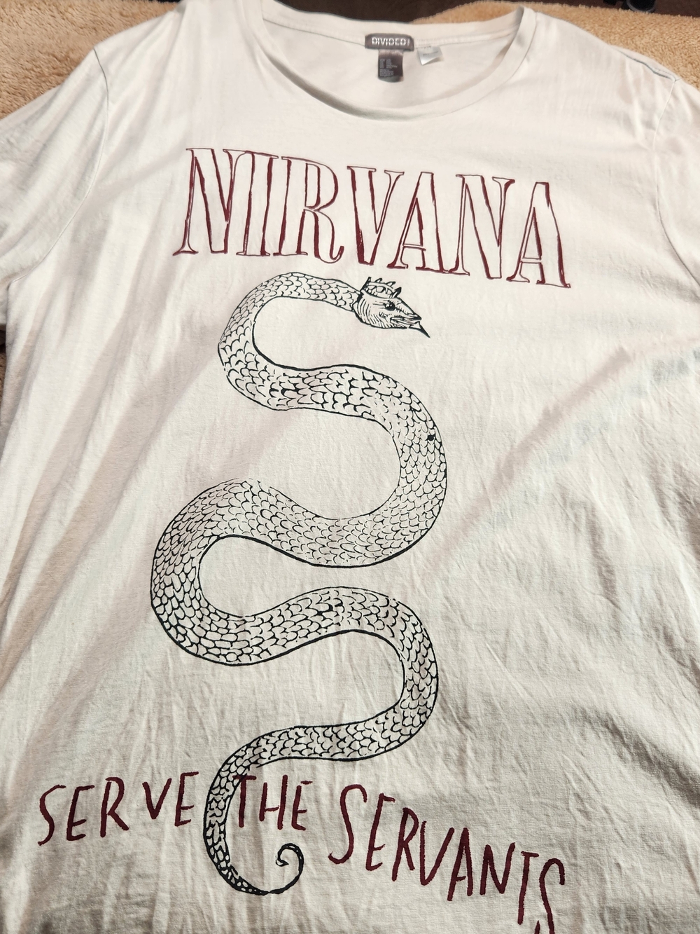 Divided White Nirvana Snake Graphic Tee with Maroon Text